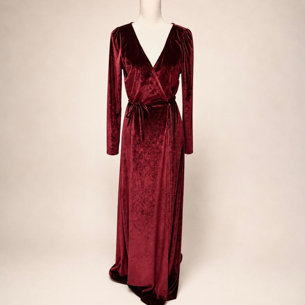 Baltic Born Burgundy Velvet Maxi Wrap Sofia Long Sleeve Dress Formal Gown L NWT